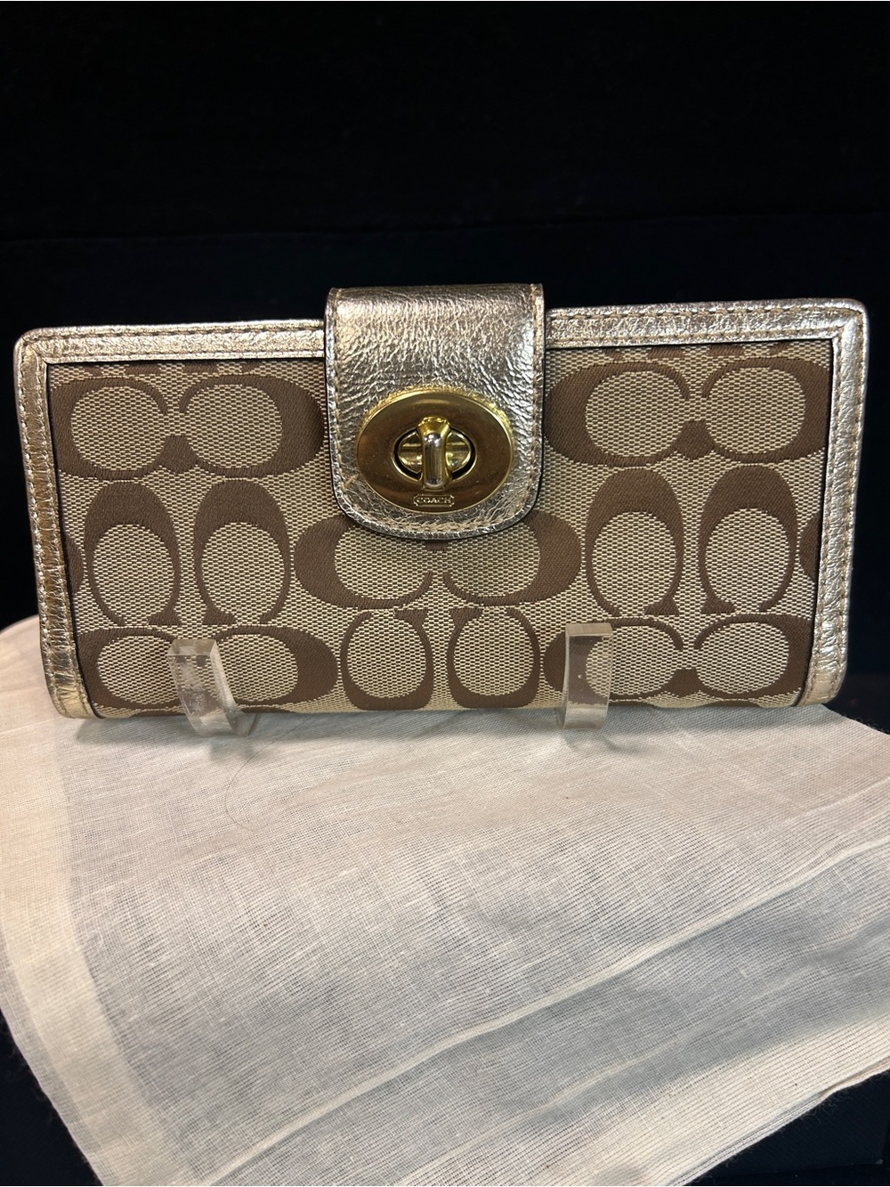 Coach Signature Jacquard Wallet with Metallic Gold Trim